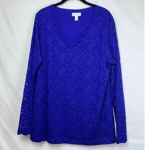 Susan Graver Womens Size XL Purple Lace Sheer Long Sleeve Pullover V-Neck Blouse